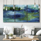 Three-panel canvas wall art featuring flowing blue abstract watercolor, displayed in a modern living room above seating.