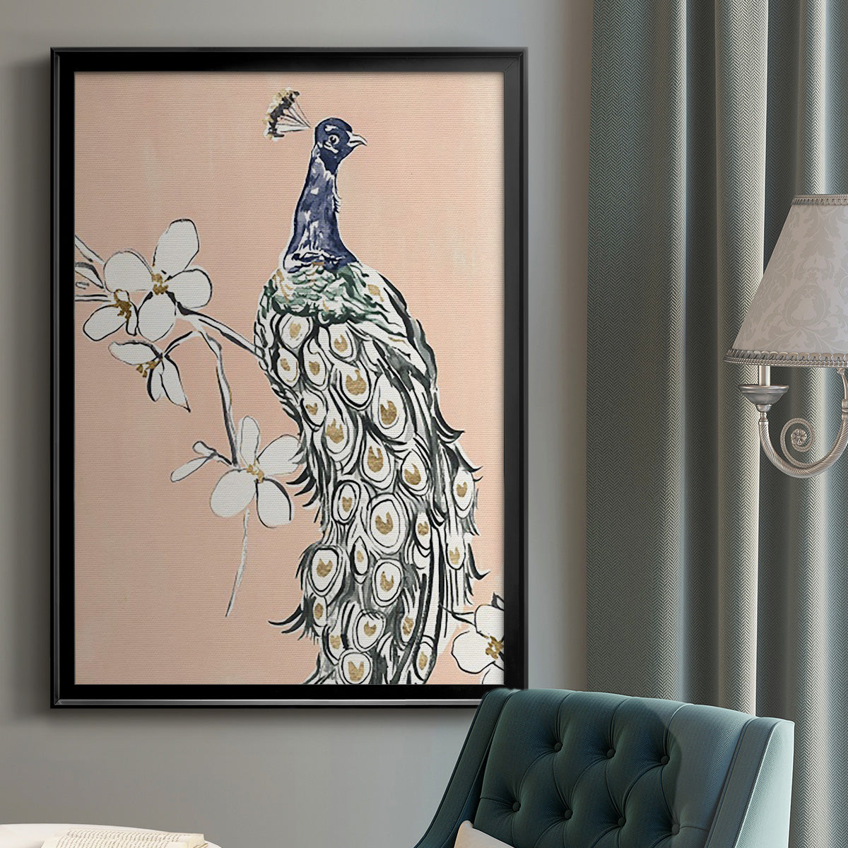 Peacock in Gold III - Modern Framed Canvas Print