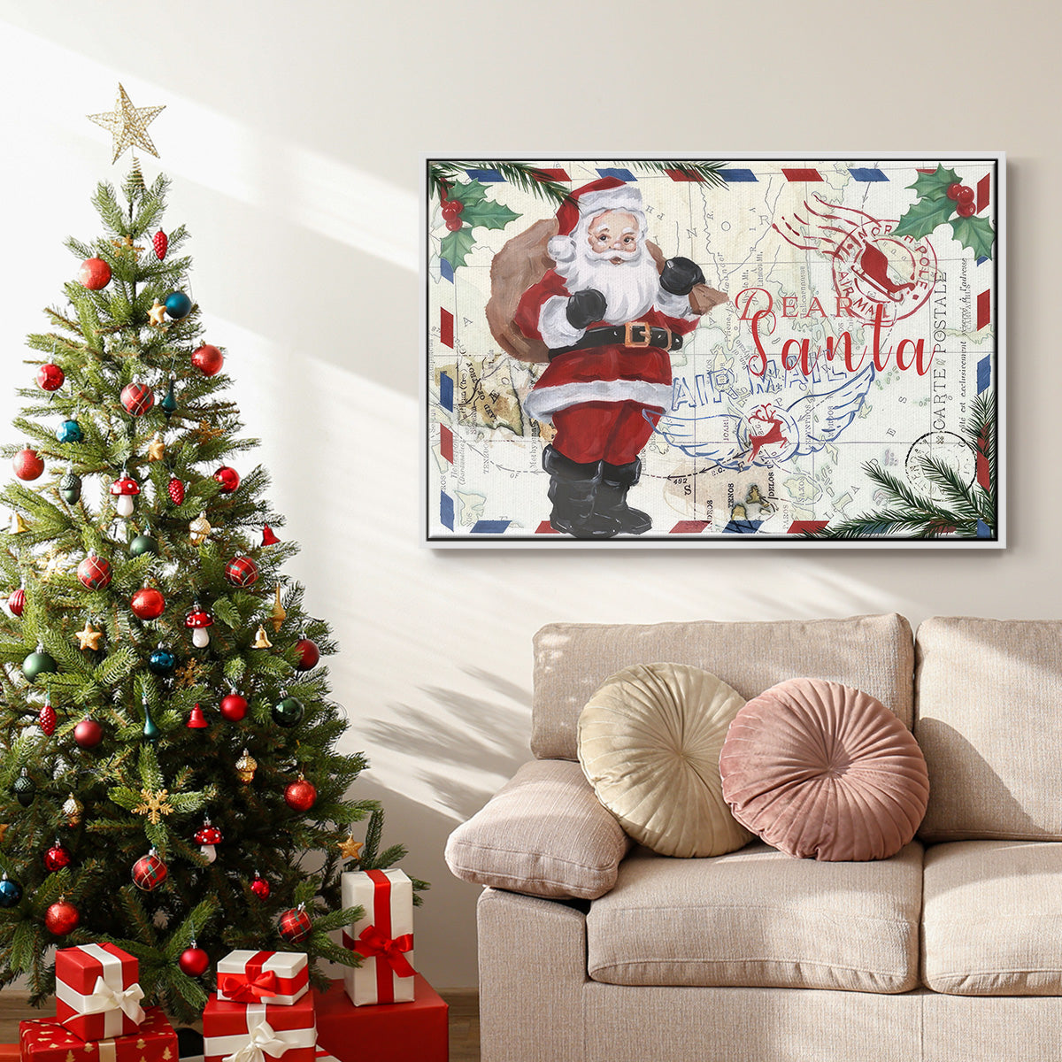 Christmas Par Avion Collection A - Framed Gallery Wrapped Canvas in Floating Frame