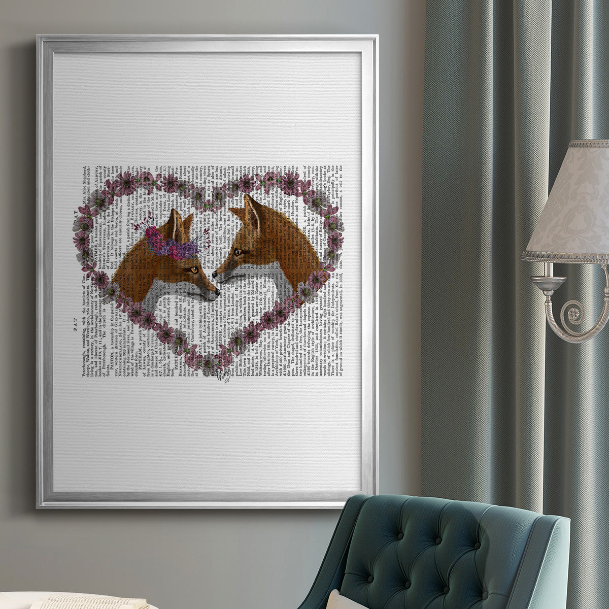 Foxes in Flowers - Modern Framed Canvas Print