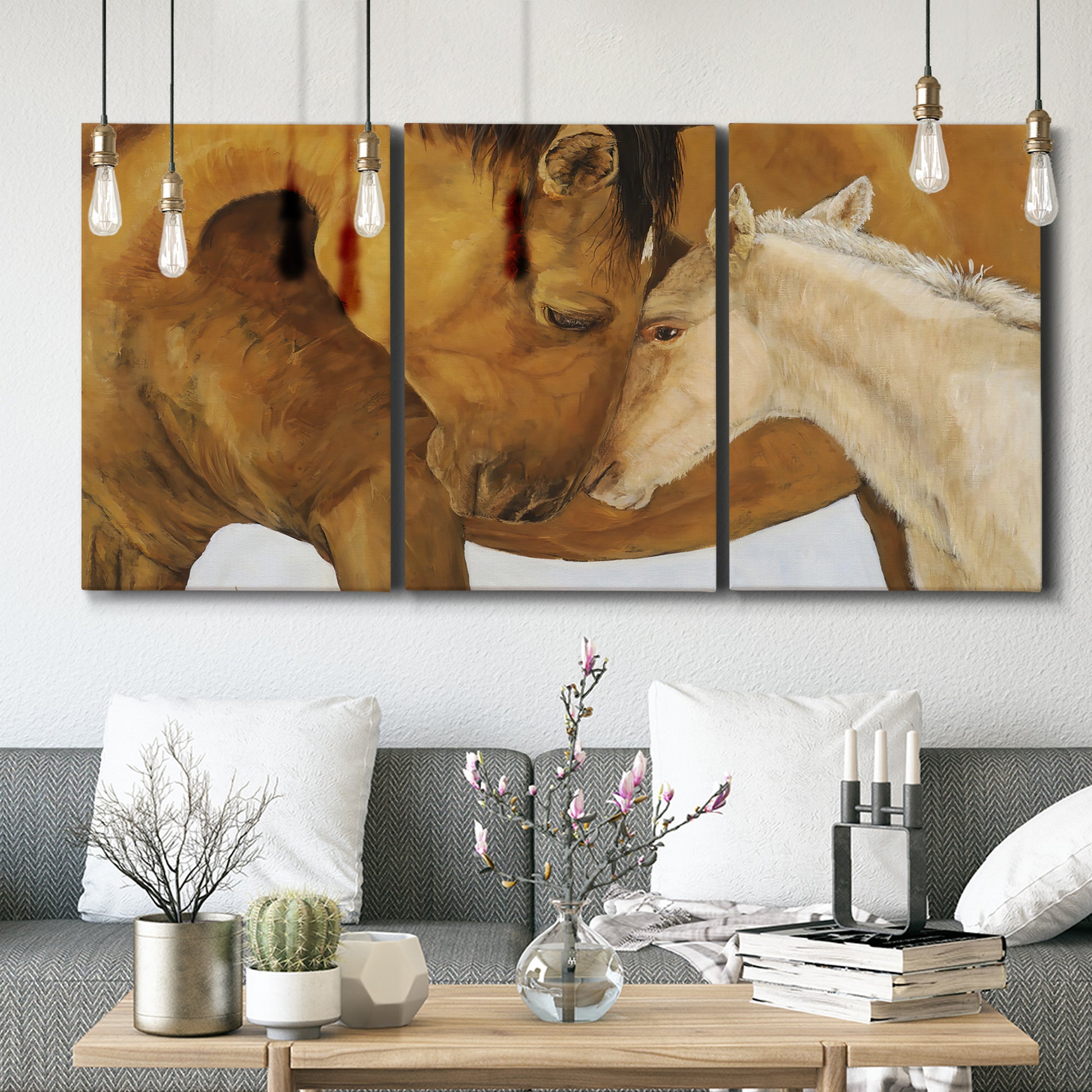 Three-panel canvas wall art featuring gentle horse portrait illustration, displayed in a modern living room above seating.