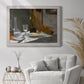 Impressionist still life with wine and bread by Claude Monet in an ornate weathered white frame displayed in a bright interior setting.