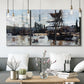 Three-panel canvas wall art featuring harbor scene with boats and quays, displayed in a modern living room above seating.