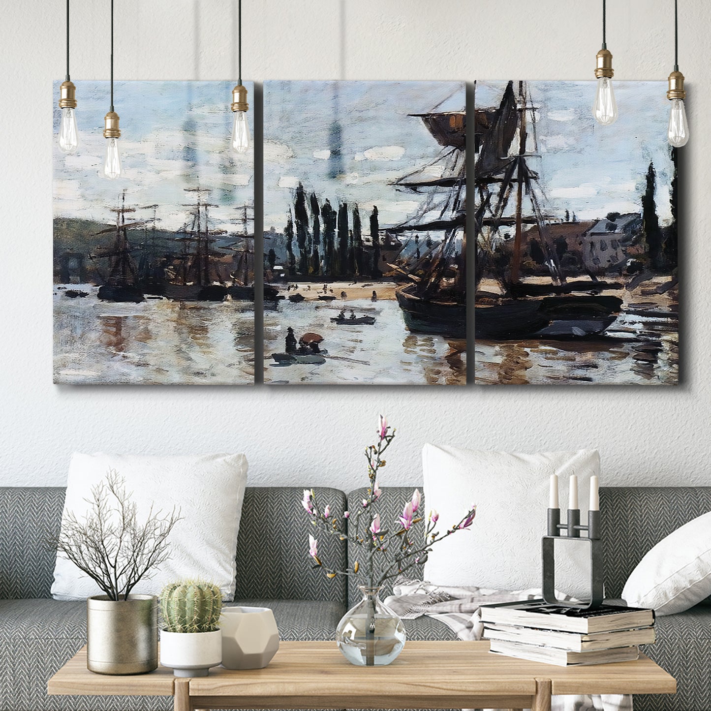 Three-panel canvas wall art featuring harbor scene with boats and quays, displayed in a modern living room above seating.