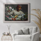 Traditional portrait of a woman holding peonies by Frédéric Bazille in an ornate weathered white frame displayed in a bright interior setting.