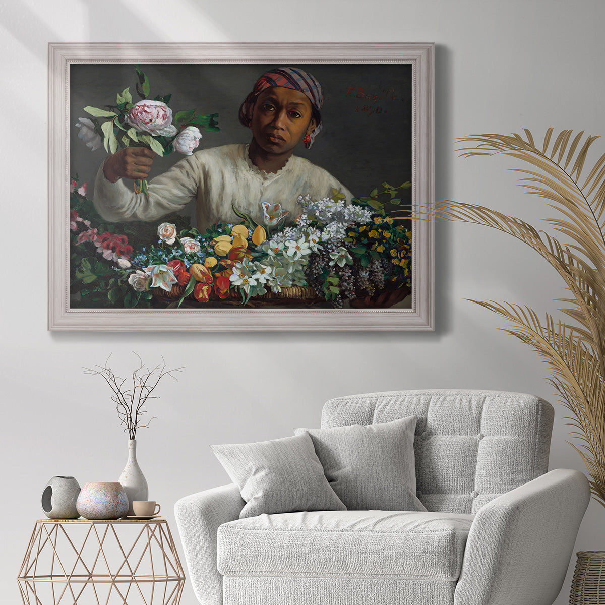 Traditional portrait of a woman holding peonies by Frédéric Bazille in an ornate weathered white frame displayed in a bright interior setting.