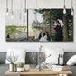 Three-panel canvas wall art featuring garden house beside river, displayed in a modern living room above seating.