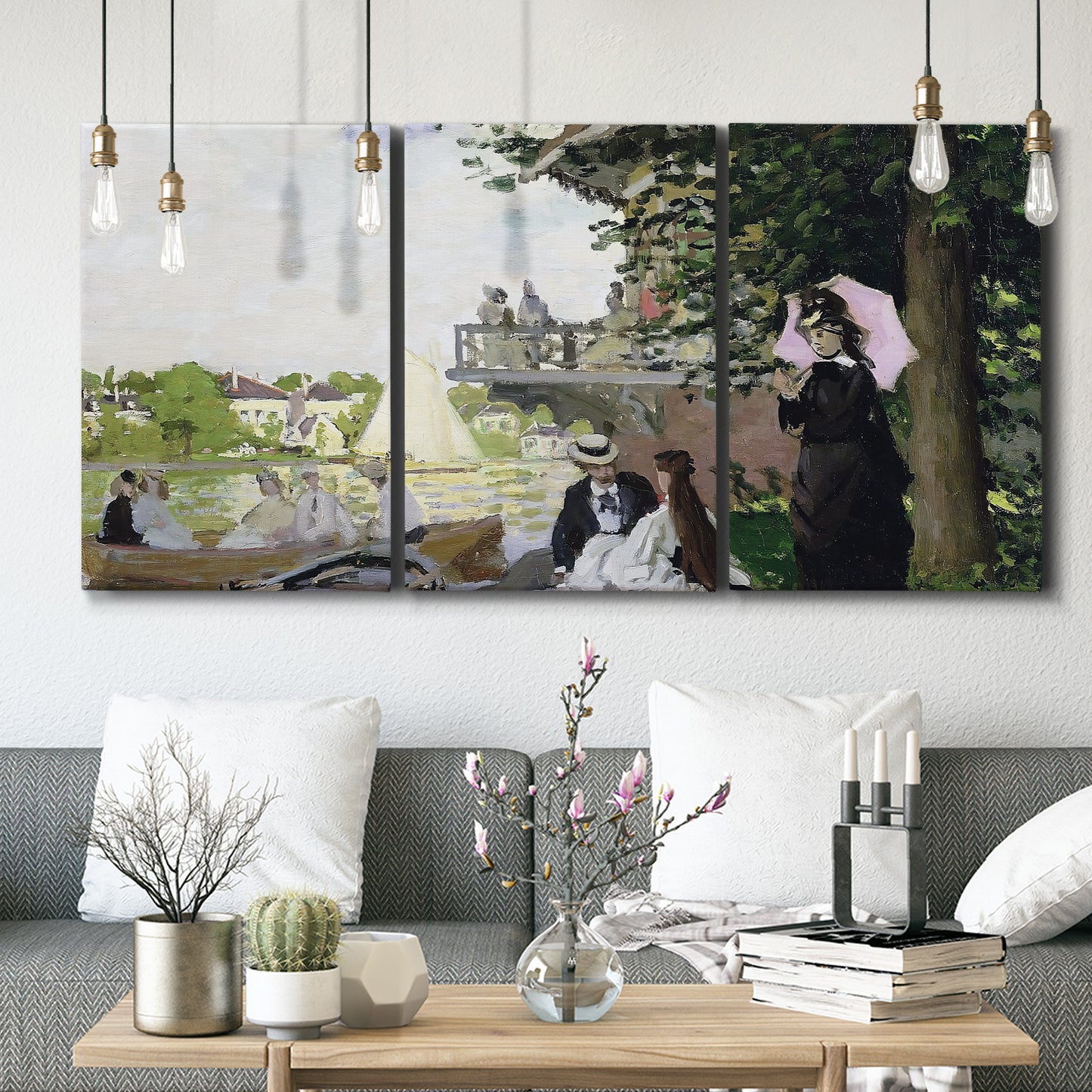 Three-panel canvas wall art featuring garden house beside river, displayed in a modern living room above seating.