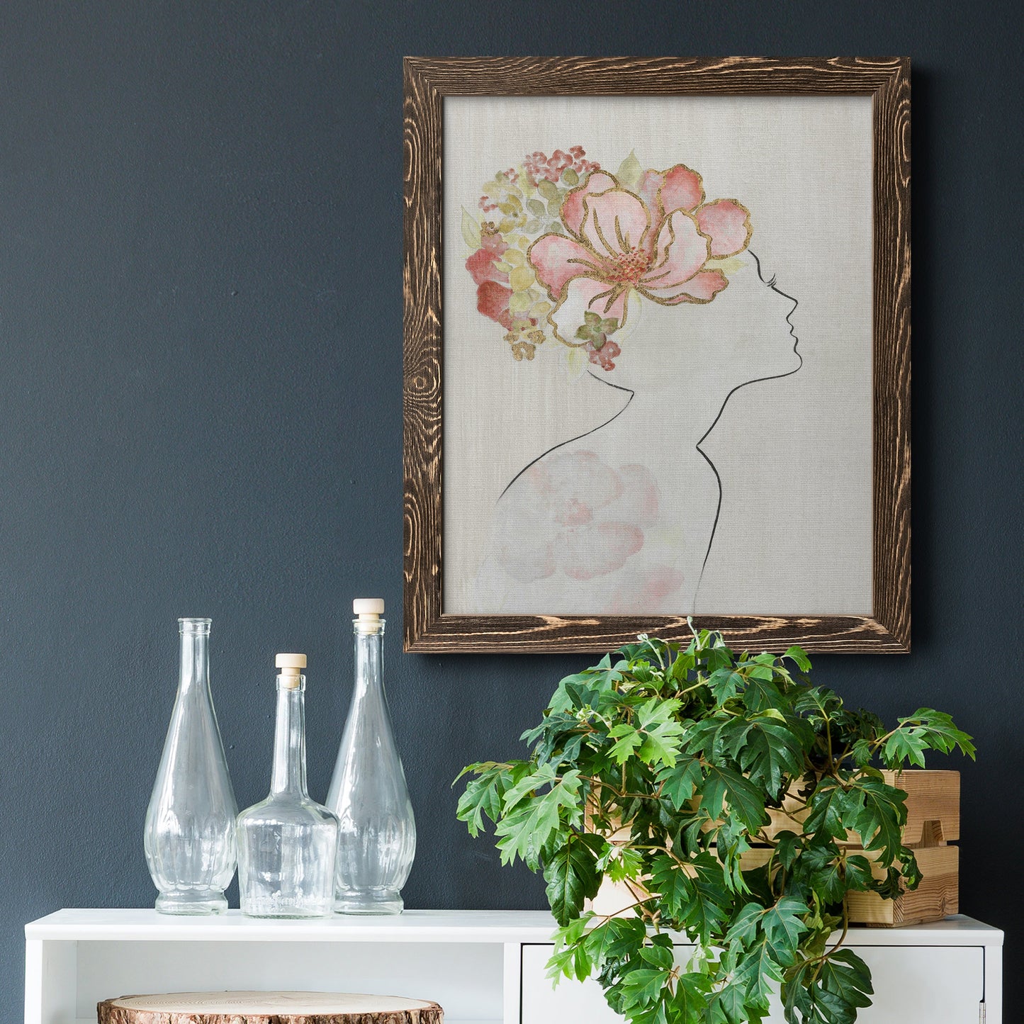 Fashion Floral Silhouette I - Barnwood Framed Canvas Print