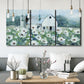Three-panel canvas wall art featuring pastoral farmland with open fields, displayed in a modern living room above seating.