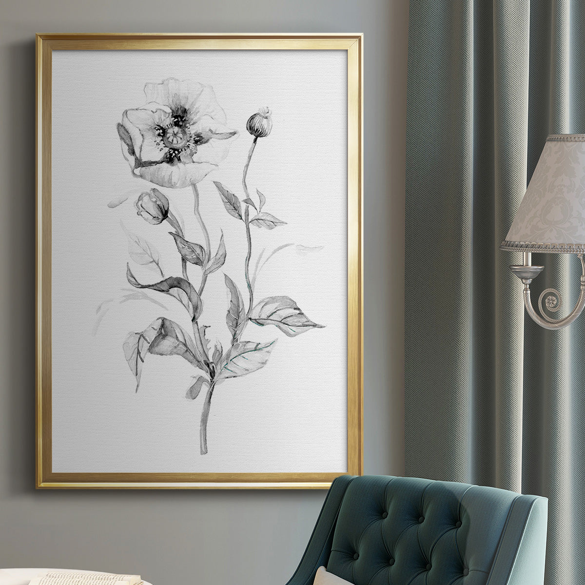 Wild Poppy Sketch - Modern Framed Canvas Print