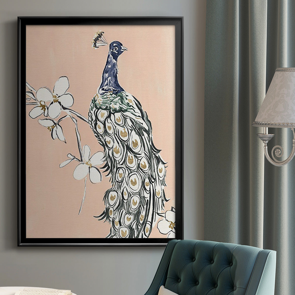 Peacock in Gold III - Modern Framed Canvas Print