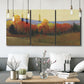 Three-panel canvas wall art featuring autumn landscape changing foliage, displayed in a modern living room above seating.