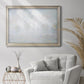 Impressionist atmospheric landscape in morning haze by Claude Monet in an ornate champagne frame displayed in a bright interior setting.