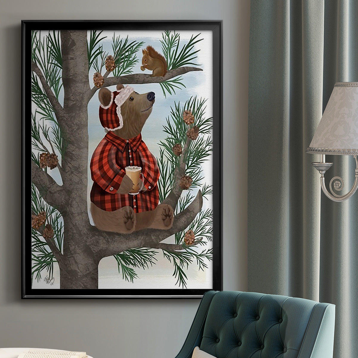 Lumberjack Bear Pine Tree Coffee Break - Modern Framed Canvas Print