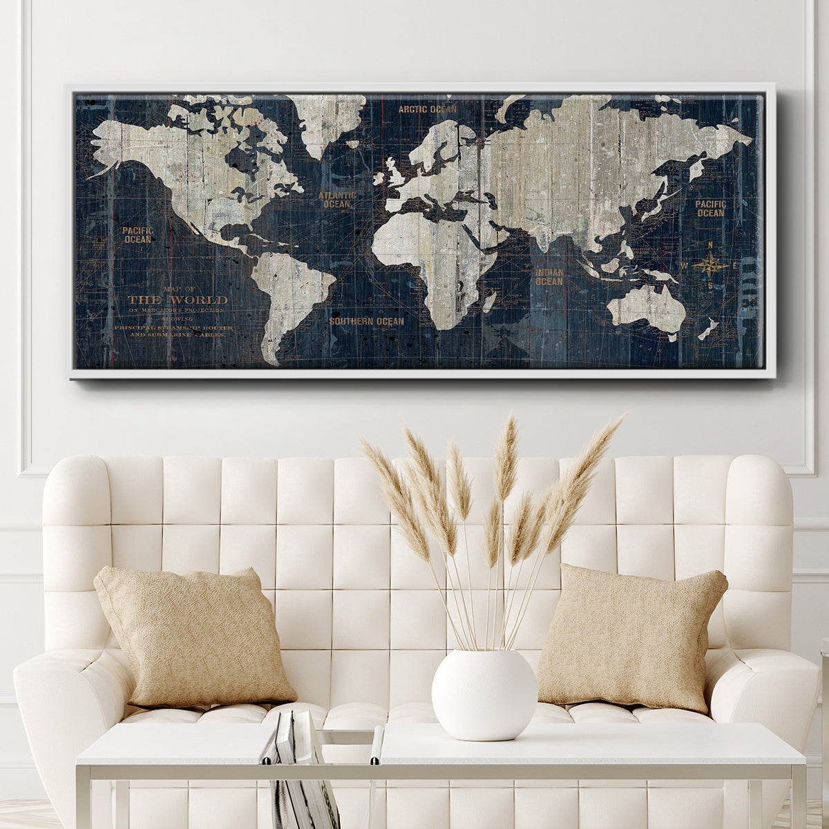 Old World Map Blue - Floater Framed Canvas Print