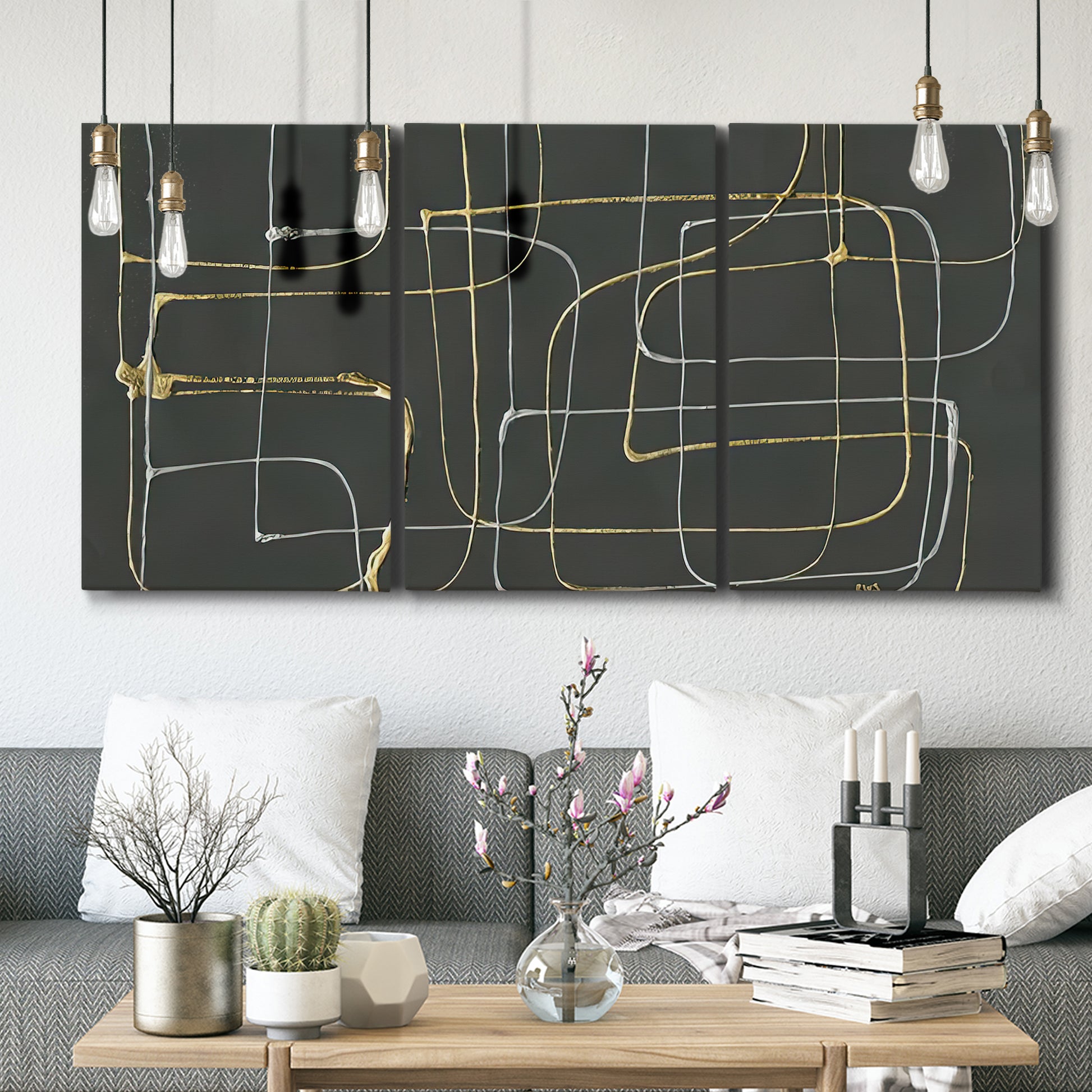Three-panel canvas wall art featuring linear abstract conduit pattern, displayed in a modern living room above seating.