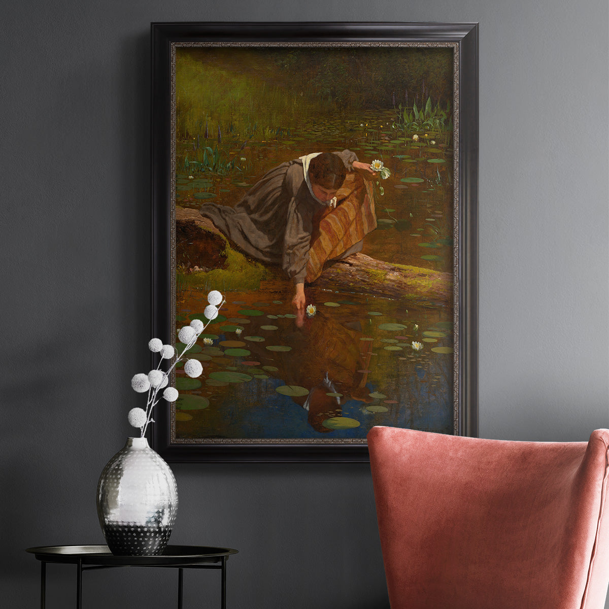 Realist genre painting of figures gathering lilies by Eastman Johnson in an ornate black frame with gilded inner detail displayed in a dark-toned interior setting.