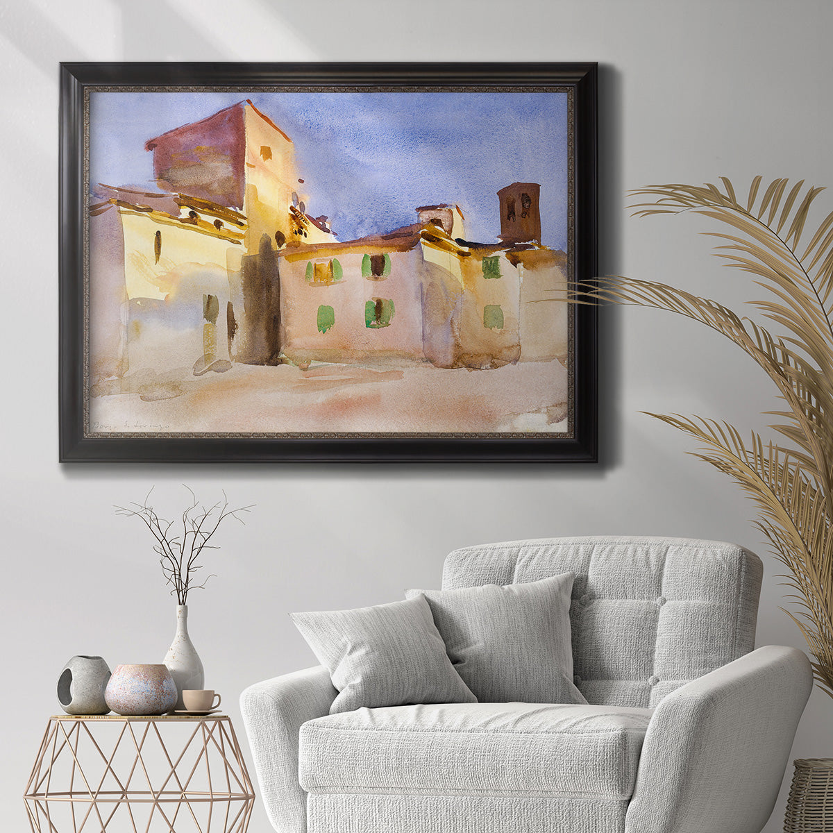 Impressionist Italian village scene by John Singer Sargent in an ornate black frame with gilded inner detail displayed in a bright interior setting.