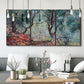 Three-panel canvas wall art featuring olive trees in sunlit garden, displayed in a modern living room above seating.