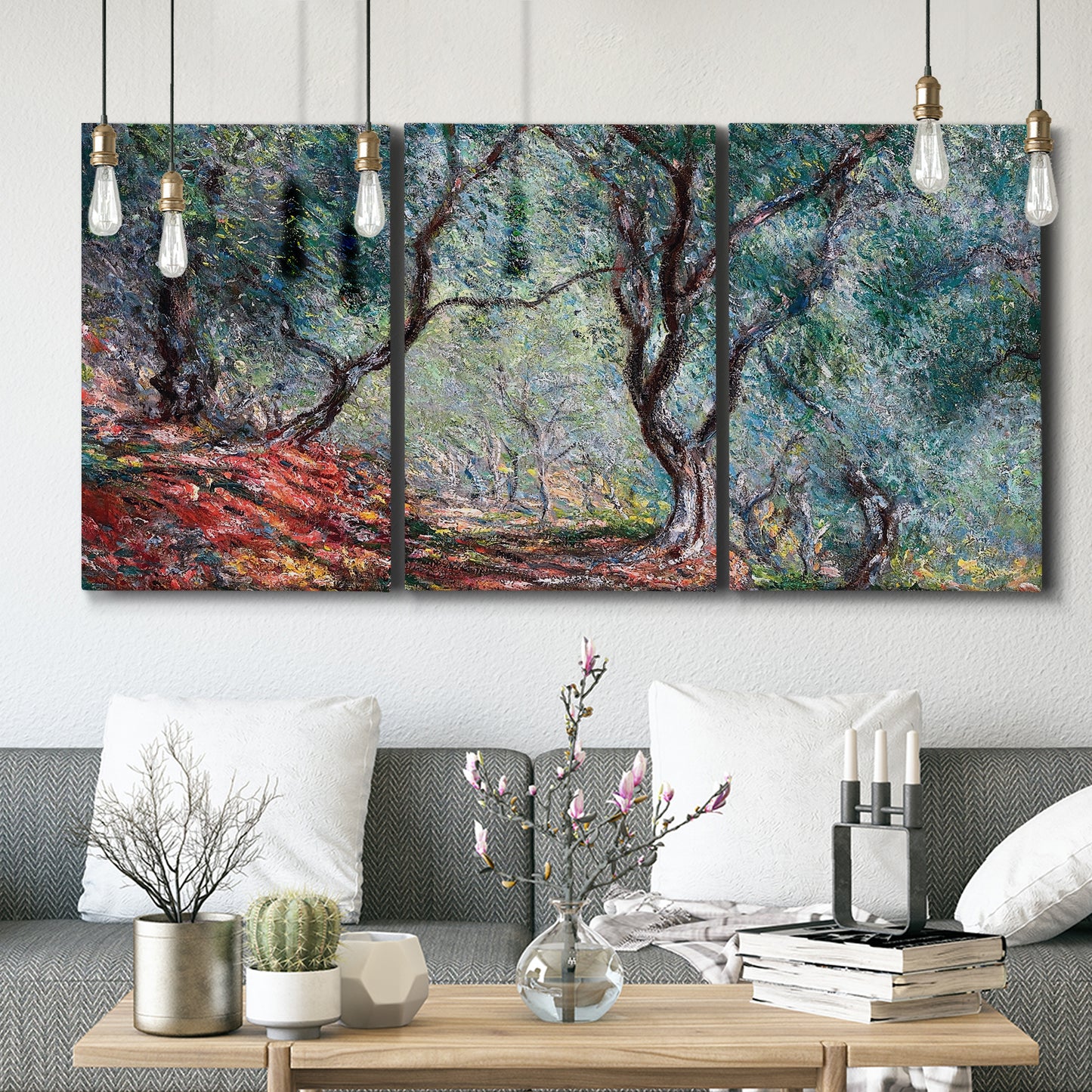 Three-panel canvas wall art featuring olive trees in sunlit garden, displayed in a modern living room above seating.