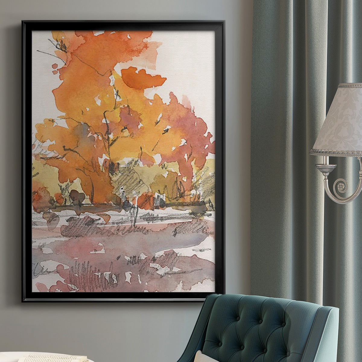 Watercolor Treeline Sketch II - Modern Framed Canvas Print