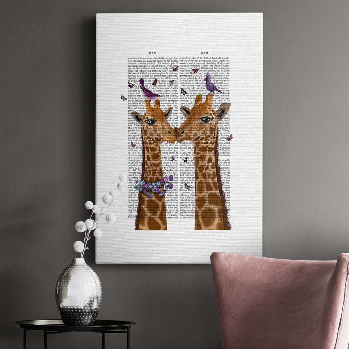 Kissing Giraffes with Birds Premium Gallery Wrapped Canvas - Ready to Hang