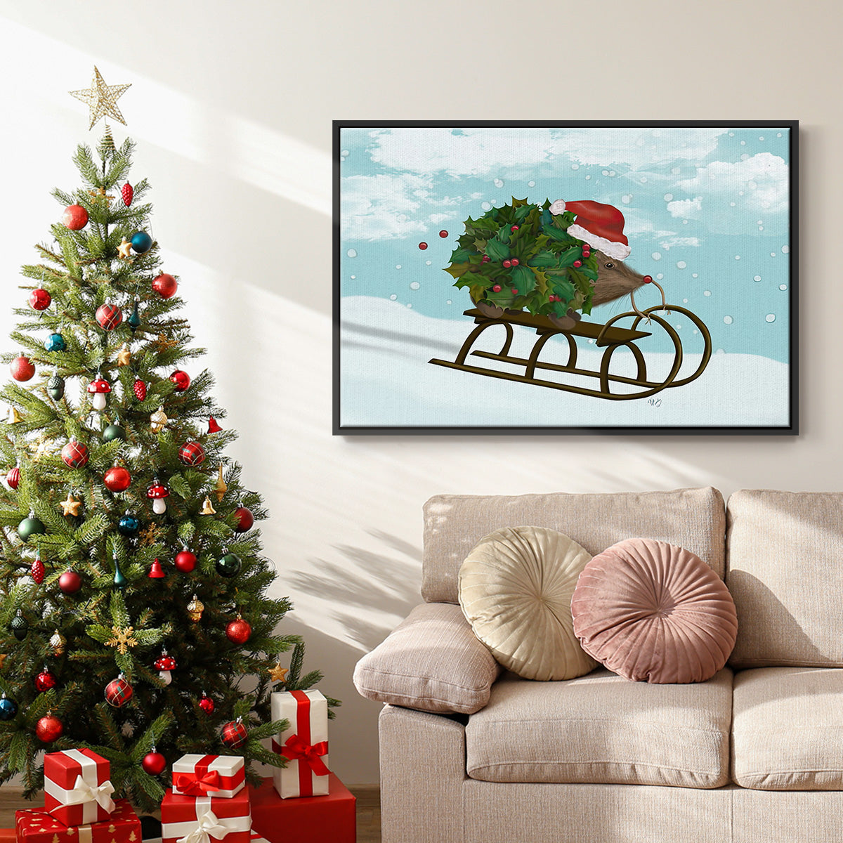 Christmas Holly Hedgehog Sledding - Framed Gallery Wrapped Canvas in Floating Frame