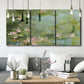 Three-panel canvas wall art featuring muted water lily pond, displayed in a modern living room above seating.