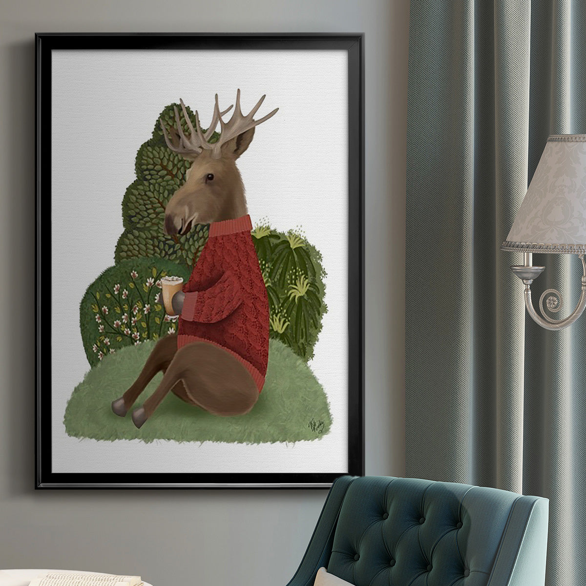 Latte Moose in Sweater - Modern Framed Canvas Print