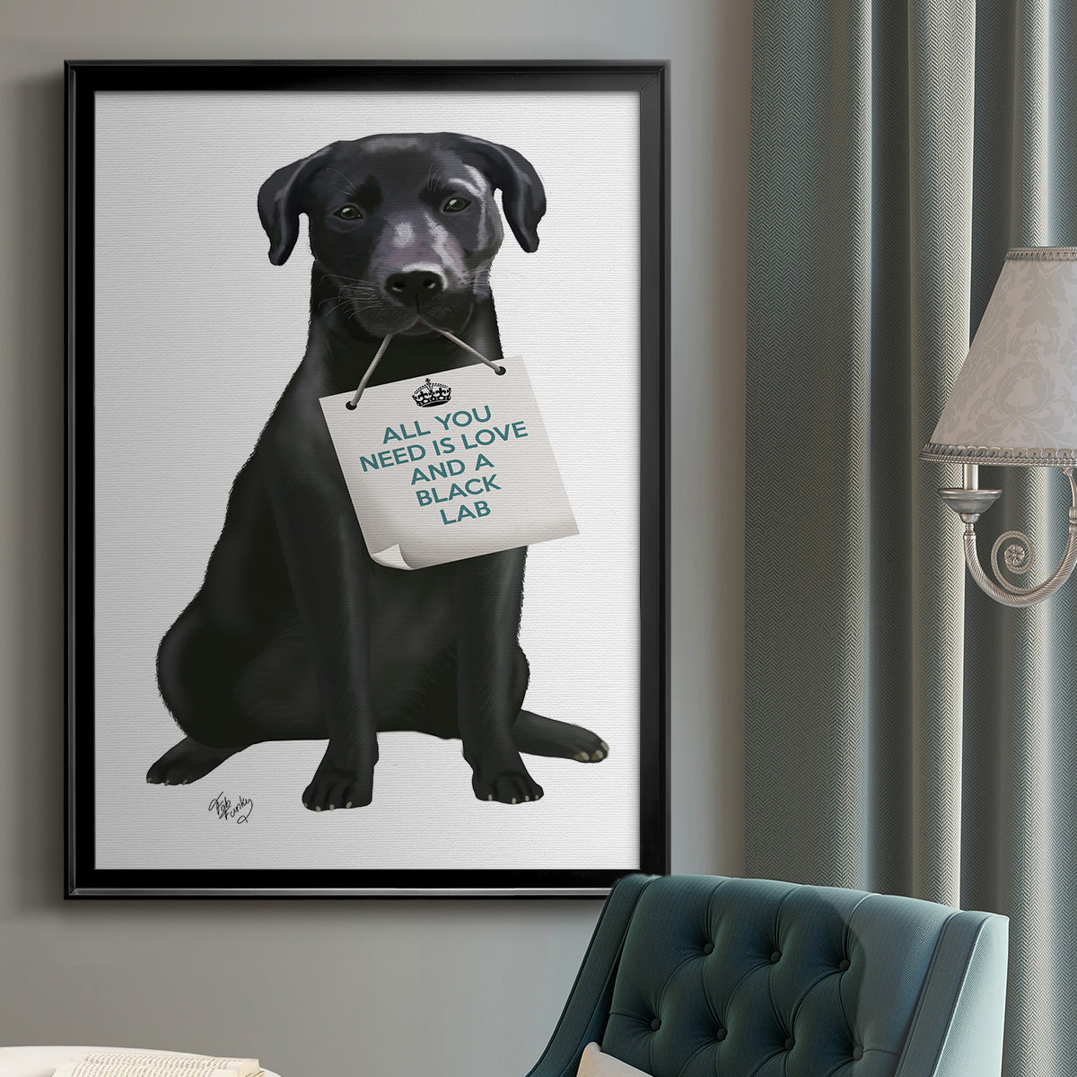 Love and Black Labrador - Modern Framed Canvas Print