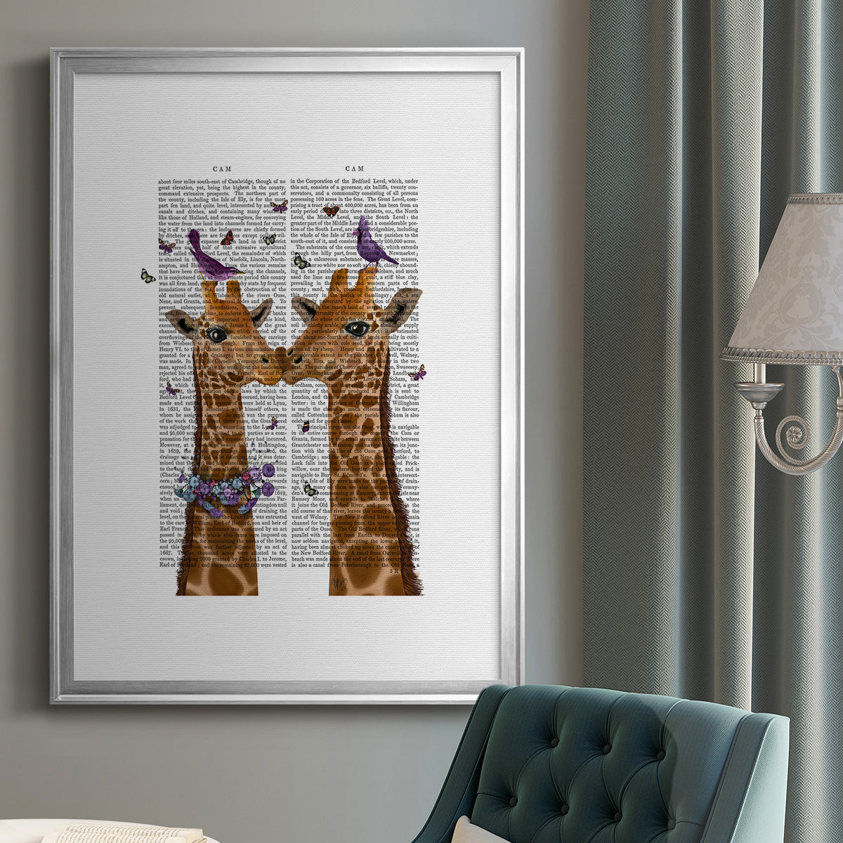 Kissing Giraffes with Birds - Modern Framed Canvas Print