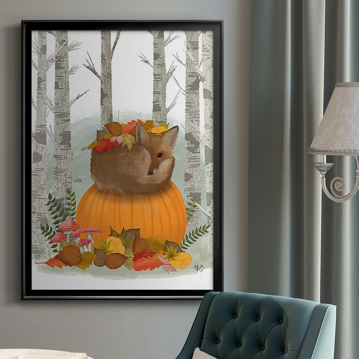 Fox Curled on Pumpkin - Modern Framed Canvas Print