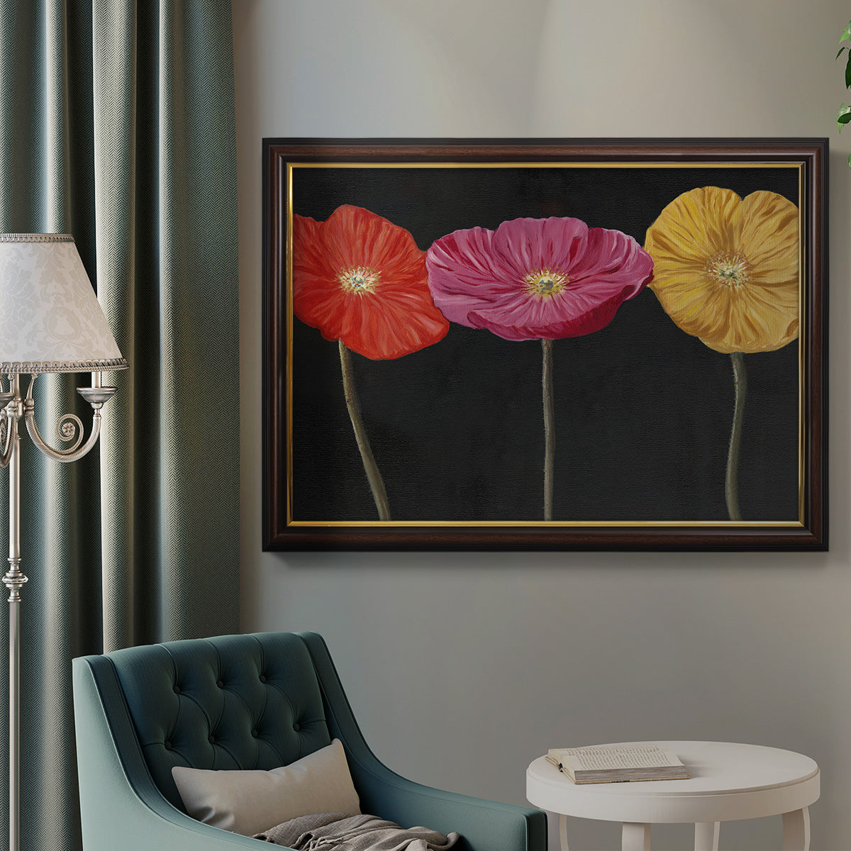 Contemporary poppy flower artwork in an ornate mahogany wood frame with gold liner displayed in a neutral interior setting.