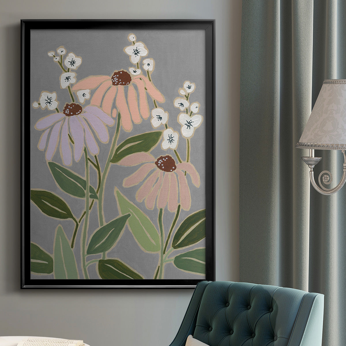 Woodblock Floral I - Modern Framed Canvas Print