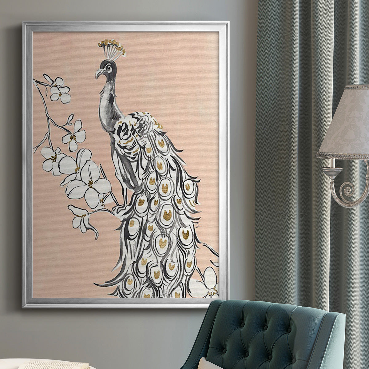 Peacock in Gold II - Modern Framed Canvas Print