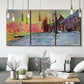 Three-panel canvas wall art featuring river view beneath cloudy sky, displayed in a modern living room above seating.
