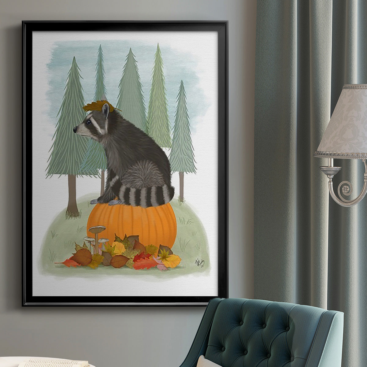 Raccoon On Pumpkin - Modern Framed Canvas Print