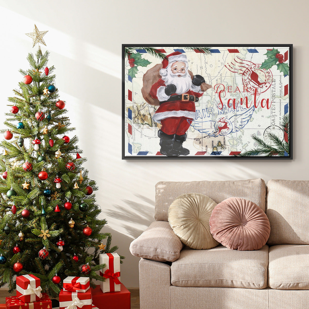 Christmas Par Avion Collection A - Framed Gallery Wrapped Canvas in Floating Frame