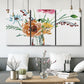 Three-panel canvas wall art featuring vibrant floral bouquet, displayed in a modern living room above seating.