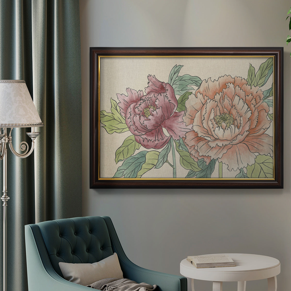 Modern peony floral drawing in an ornate mahogany wood frame with gold liner displayed in a neutral interior setting.