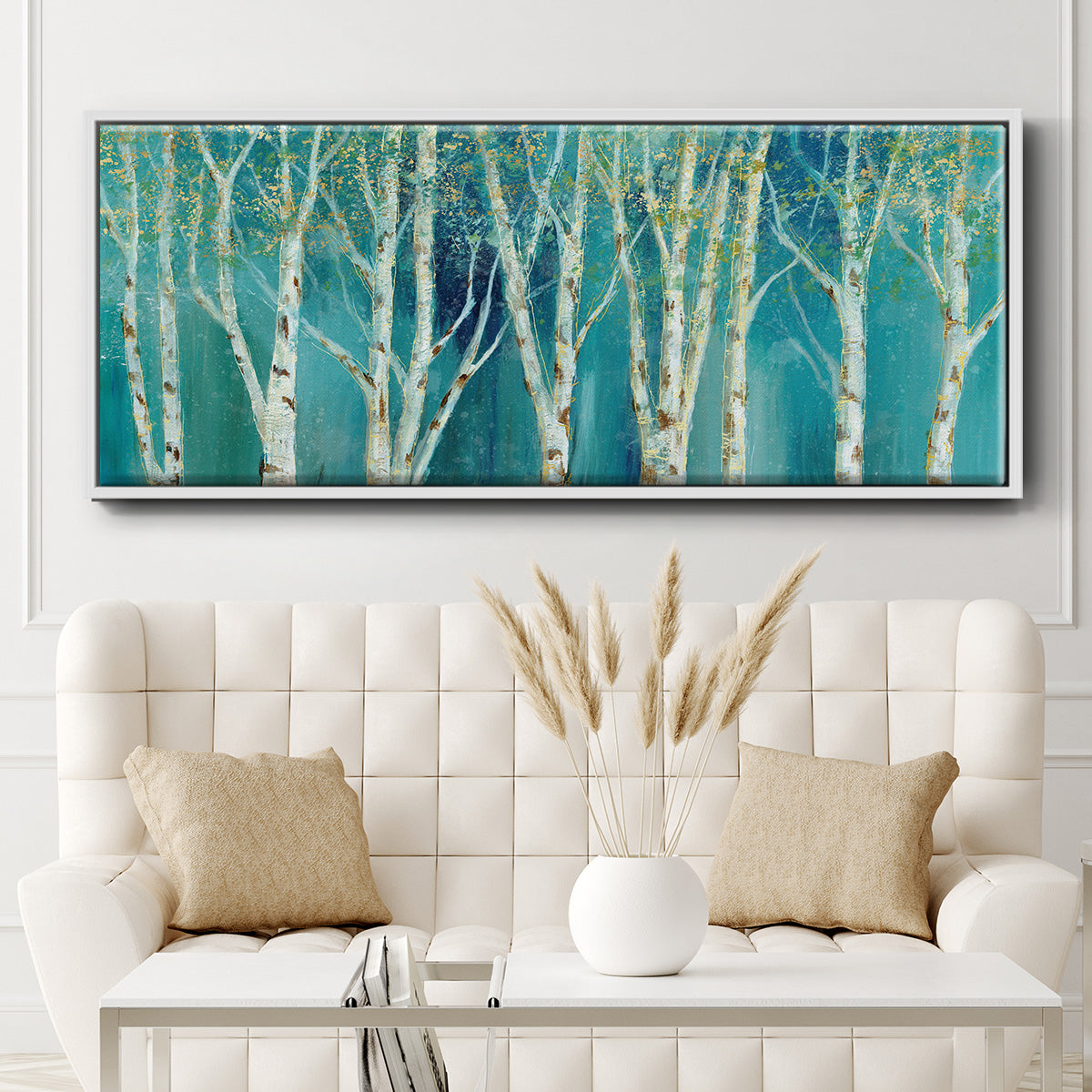 Birch on Blue - Floater Framed Canvas Print