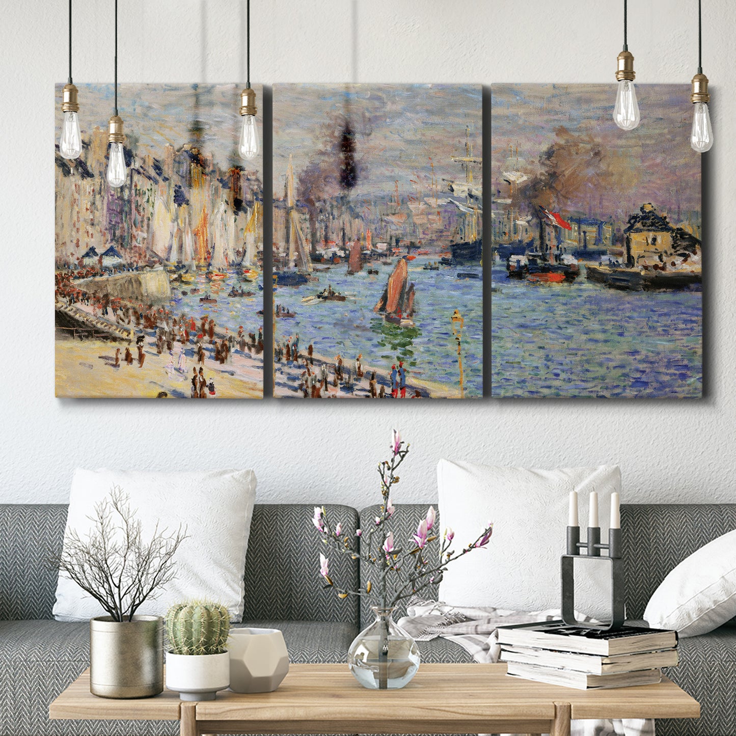 Three-panel canvas wall art featuring evening harbor with reflections, displayed in a modern living room above seating.