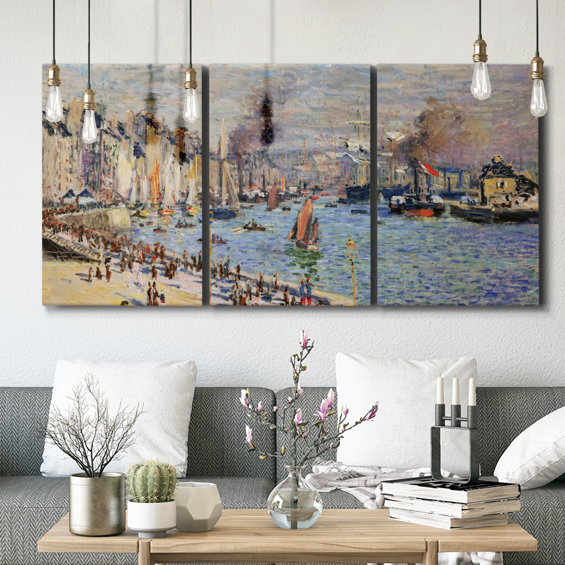 Three-panel canvas wall art featuring evening harbor with reflections, displayed in a modern living room above seating.