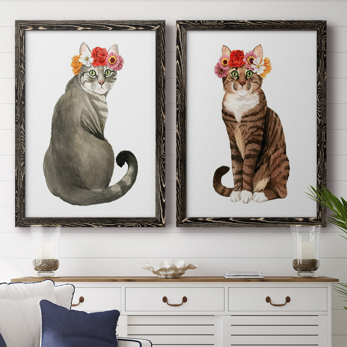 Flower Crown Cats I - Premium Framed Canvas 2 Piece Set - Ready to Hang