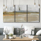 Three-panel canvas wall art featuring golden hour light over landscape, displayed in a modern living room above seating.