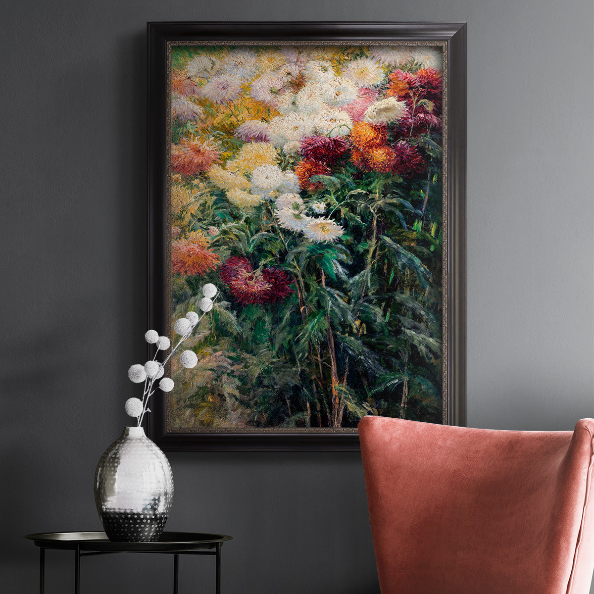 Impressionist garden floral painting by Gustave Caillebotte in an ornate black frame with gilded inner detail displayed in a dark-toned interior setting.
