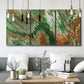 Three-panel canvas wall art featuring modern abstract layered pattern, displayed in a modern living room above seating.