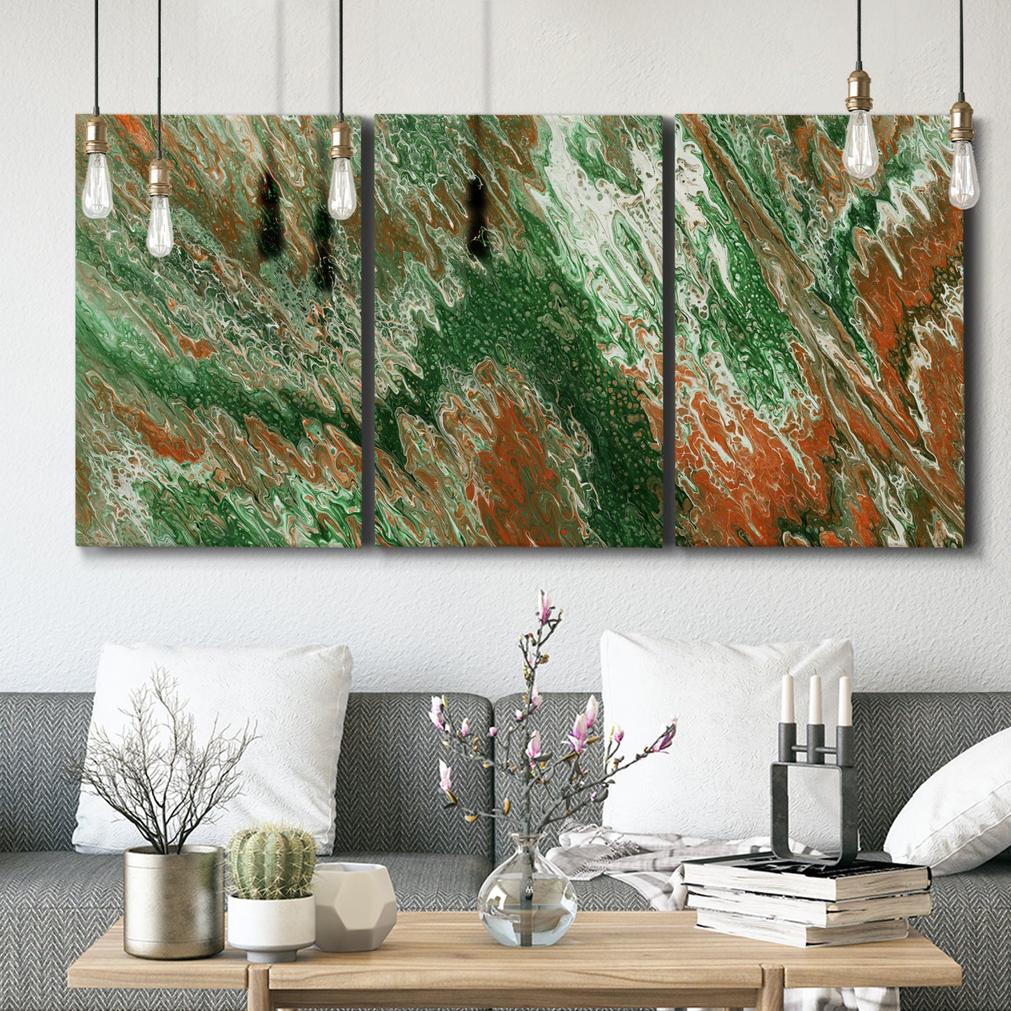 Three-panel canvas wall art featuring modern abstract layered pattern, displayed in a modern living room above seating.