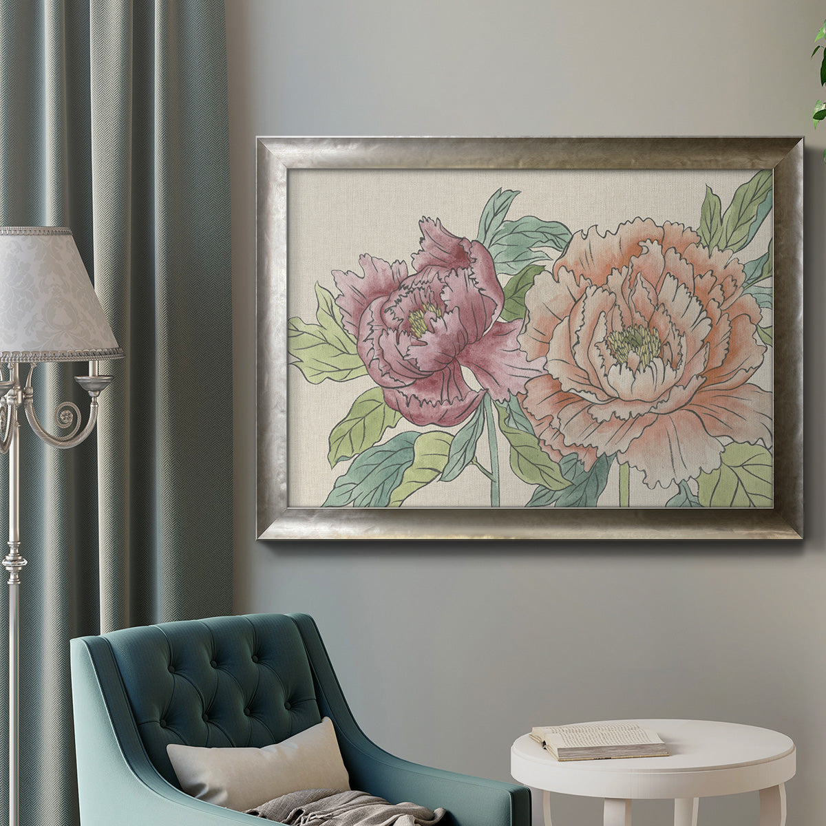 Modern peony floral drawing in an ornate mottled silver frame displayed in a neutral interior setting.